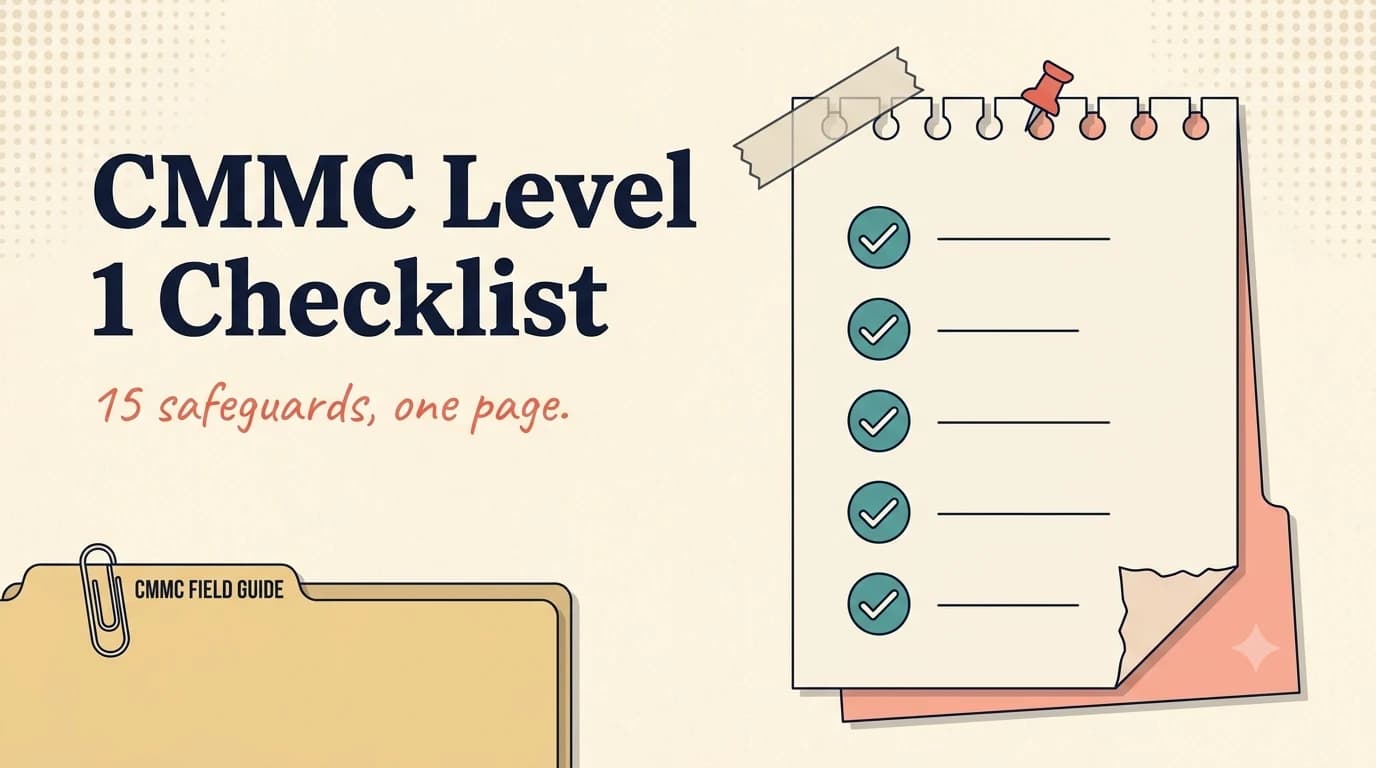 Illustration of a pinned checklist notepad with five checked safeguarding items for CMMC Level 1.