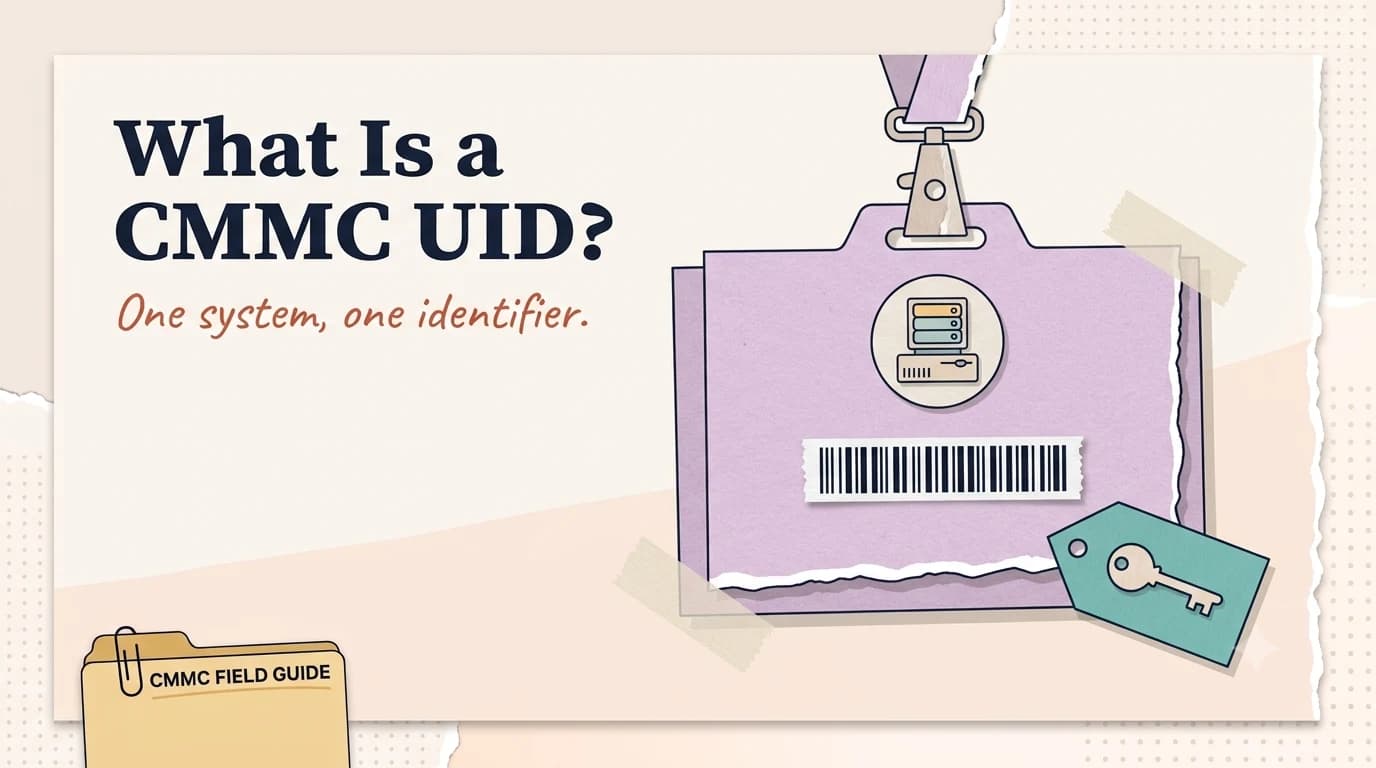 Illustration of an ID badge with a barcode and system icon representing a CMMC Unique Identifier.