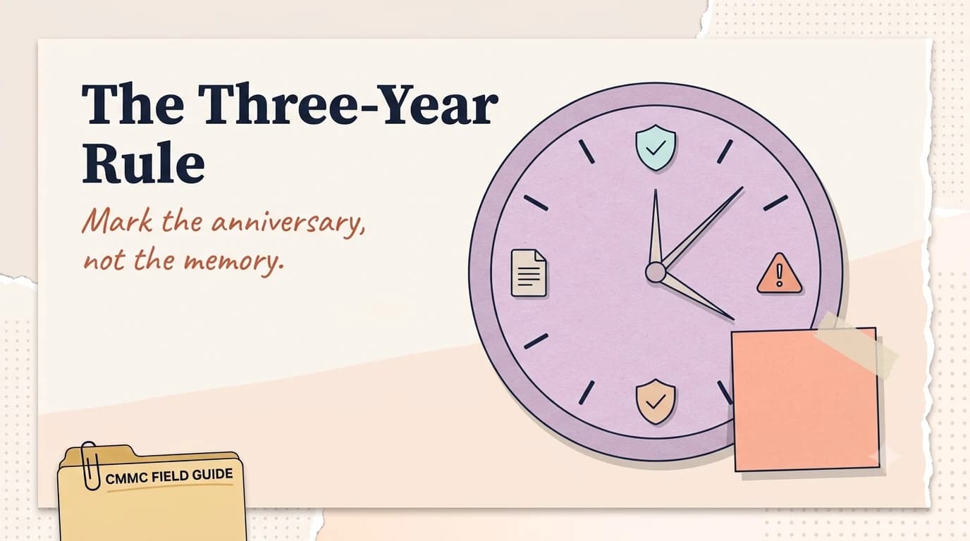 Illustration of a clock face with three tick marks representing the three-year Basic Assessment currency rule.